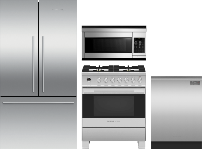 Fisher & Paykel 4 Piece Kitchen Appliances Package with French Door Refrigerator, Dual Fuel Range, Dishwasher and Over the Range Microwave in Stainles
