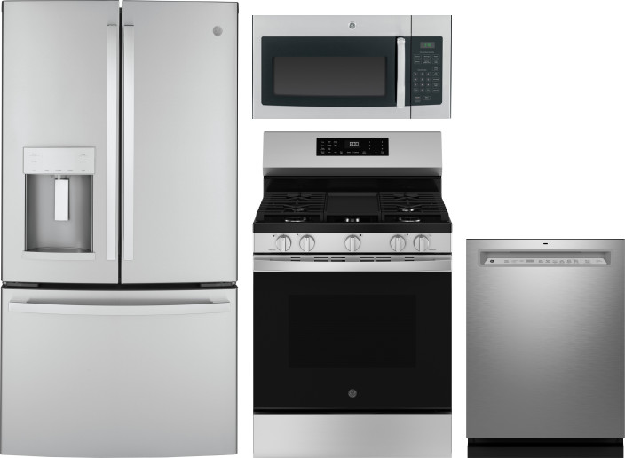 GE 4 Piece Kitchen Appliances Package with French Door Refrigerator, Gas Range, Dishwasher and Over the Range Microwave in Stainless Steel GERERADWMW1