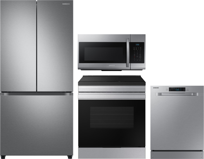 Samsung 4 Piece Kitchen Appliances Package with French Door Refrigerator, Induction Range, Dishwasher and Over the Range Microwave in Fingerprint Resi