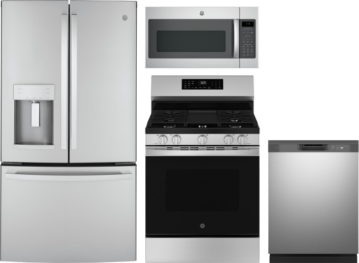 GE 4 Piece Kitchen Appliances Package with French Door Refrigerator, Gas Range, Dishwasher and Over the Range Microwave in Stainless Steel GERERADWMW1