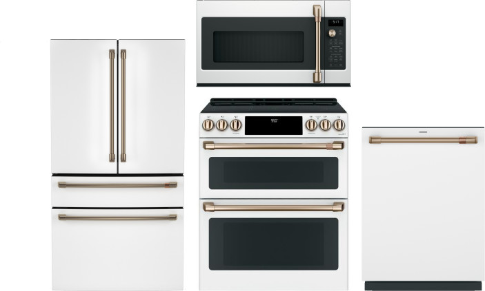 Cafe 4 Piece Kitchen Appliances Package with French Door Refrigerator, Induction Range, Dishwasher and Over the Range Microwave in Matte White CAFRERA