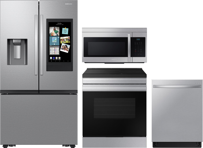 Samsung 4 Piece Kitchen Appliances Package with French Door Refrigerator, Induction Range, Dishwasher and Over the Range Microwave in Fingerprint Resi