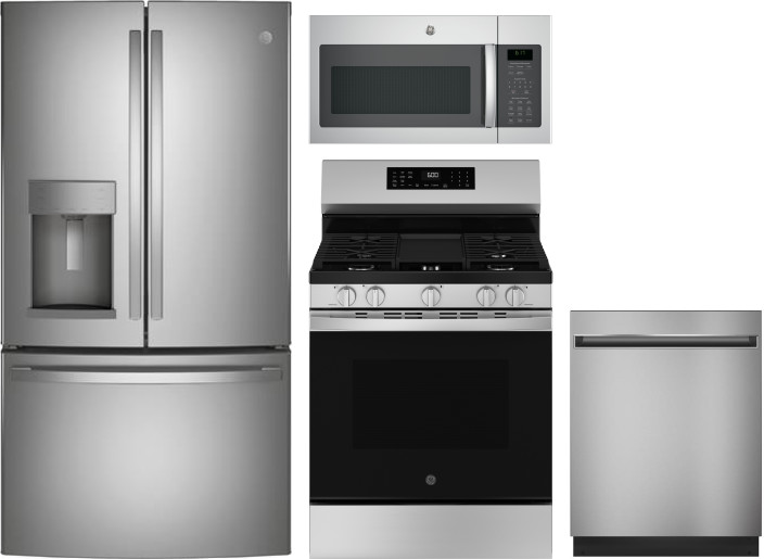 GE 4 Piece Kitchen Appliances Package with French Door Refrigerator, Gas Range, Dishwasher and Over the Range Microwave in Stainless Steel GERERADWMW1