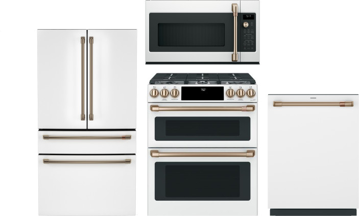 Cafe 4 Piece Kitchen Appliances Package with French Door Refrigerator, Gas Range, Dishwasher and Over the Range Microwave in Matte White CAFRERADWMW93