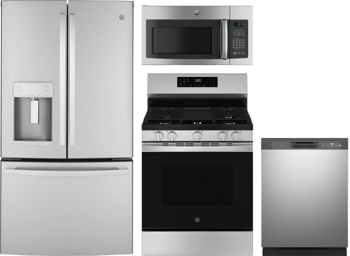GE 4 Piece Kitchen Appliances Package with French Door Refrigerator, Gas Range, Dishwasher and Over the Range Microwave in Stainless Steel GERERADWMW1