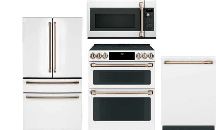 Cafe 4 Piece Kitchen Appliances Package with French Door Refrigerator, Electric Range, Dishwasher and Over the Range Microwave in Matte White CAFRERAD