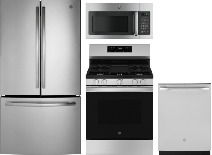 GE 4 Piece Kitchen Appliances Package with French Door Refrigerator, Gas Range, Dishwasher and Over the Range Microwave in Stainless Steel GERERADWMW1