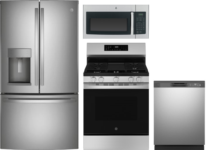 GE 4 Piece Kitchen Appliances Package with French Door Refrigerator, Gas Range, Dishwasher and Over the Range Microwave in Stainless Steel GERERADWMW1