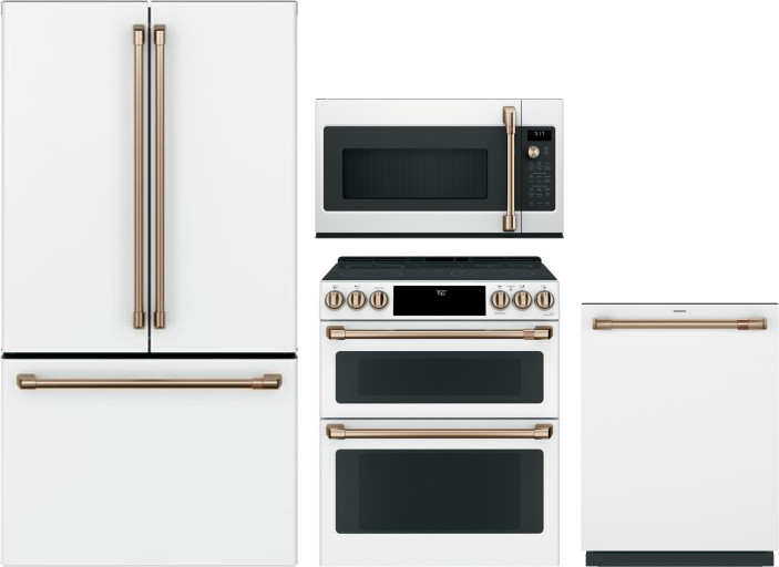 Cafe 4 Piece Kitchen Appliances Package with French Door Refrigerator, Electric Range, Dishwasher and Over the Range Microwave in Matte White CAFRERAD