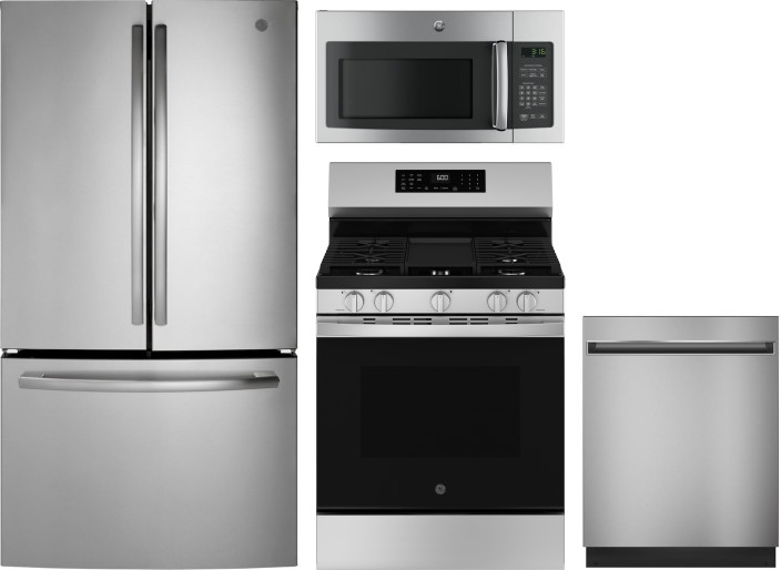 GE 4 Piece Kitchen Appliances Package with French Door Refrigerator, Gas Range, Dishwasher and Over the Range Microwave in Stainless Steel GERERADWMW1