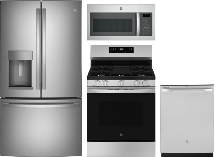 GE 4 Piece Kitchen Appliances Package with French Door Refrigerator, Gas Range, Dishwasher and Over the Range Microwave in Stainless Steel GERERADWMW1