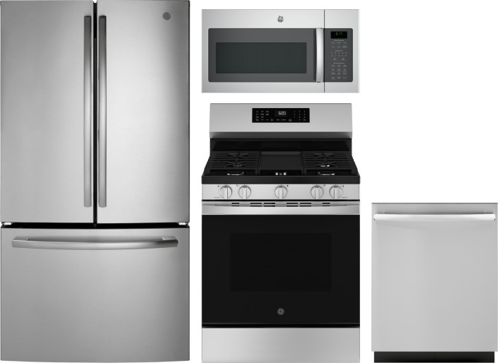 GE 4 Piece Kitchen Appliances Package with French Door Refrigerator, Gas Range, Dishwasher and Over the Range Microwave in Stainless Steel GERERADWMW1