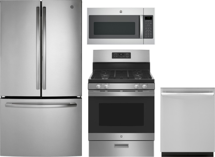 GE 4 Piece Kitchen Appliances Package with French Door Refrigerator, Gas Range, Dishwasher and Over the Range Microwave in Stainless Steel GERERADWMW3