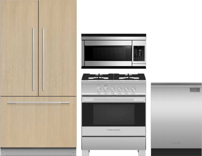 Fisher & Paykel 4 Piece Kitchen Appliances Package with French Door Refrigerator, Gas Range, Dishwasher and Over the Range Microwave in Panel Ready FP