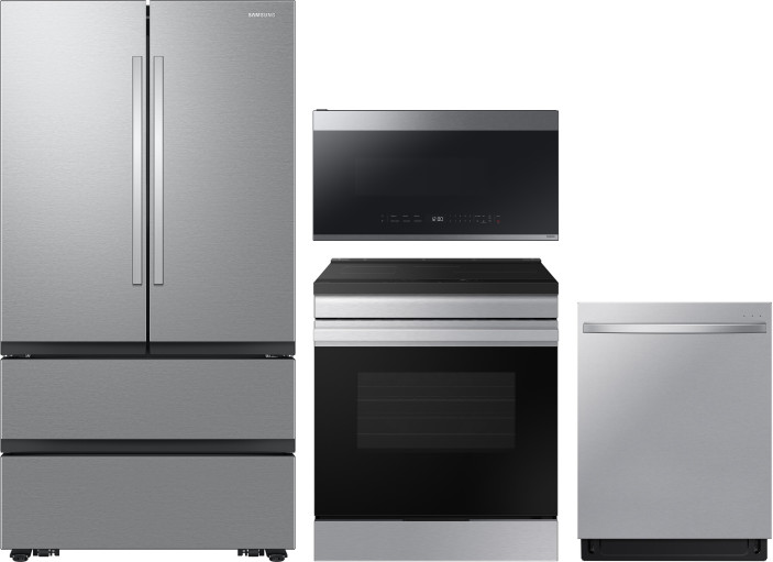 Samsung 4 Piece Kitchen Appliances Package with French Door Refrigerator, Induction Range, Dishwasher and Over the Range Microwave in Stainless Steel