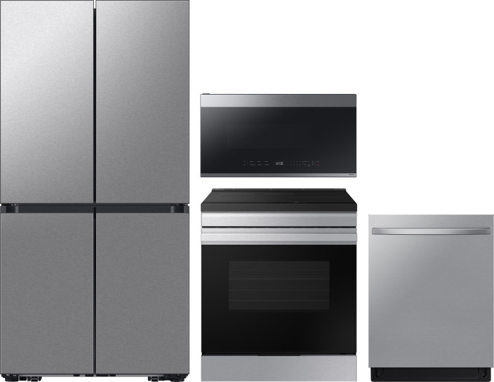 Samsung 4 Piece Kitchen Appliances Package with French Door Refrigerator, Induction Range, Dishwasher and Over the Range Microwave in Fingerprint Resi