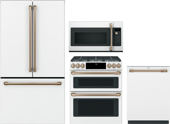 Cafe 4 Piece Kitchen Appliances Package with French Door Refrigerator, Gas Range, Dishwasher and Over the Range Microwave in Matte White CAFRERADWMW93