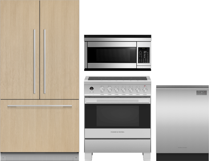 Fisher & Paykel 4 Piece Kitchen Appliances Package with French Door Refrigerator, Induction Range, Dishwasher and Over the Range Microwave in Panel Re