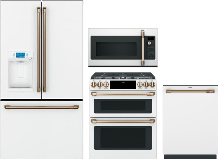 Cafe 4 Piece Kitchen Appliances Package with French Door Refrigerator, Gas Range, Dishwasher and Over the Range Microwave in Matte White CAFRERADWMW93