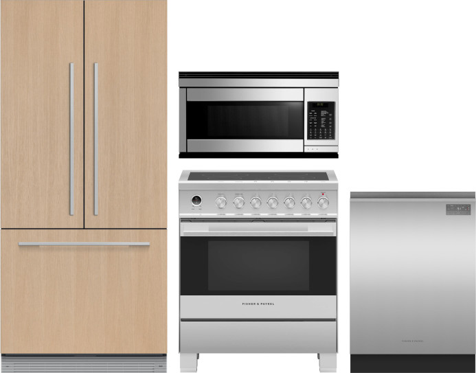 Fisher & Paykel 4 Piece Kitchen Appliances Package with French Door Refrigerator, Electric Range, Dishwasher and Over the Range Microwave in Panel Rea