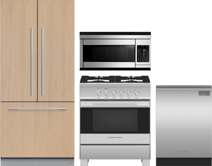 Fisher & Paykel 4 Piece Kitchen Appliances Package with French Door Refrigerator, Gas Range, Dishwasher and Over the Range Microwave in Panel Ready FP