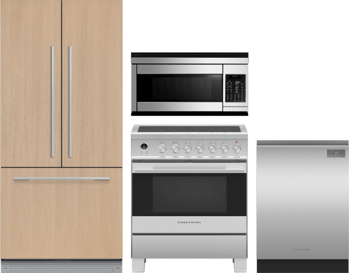 Fisher & Paykel 4 Piece Kitchen Appliances Package with French Door Refrigerator, Induction Range, Dishwasher and Over the Range Microwave in Panel Re