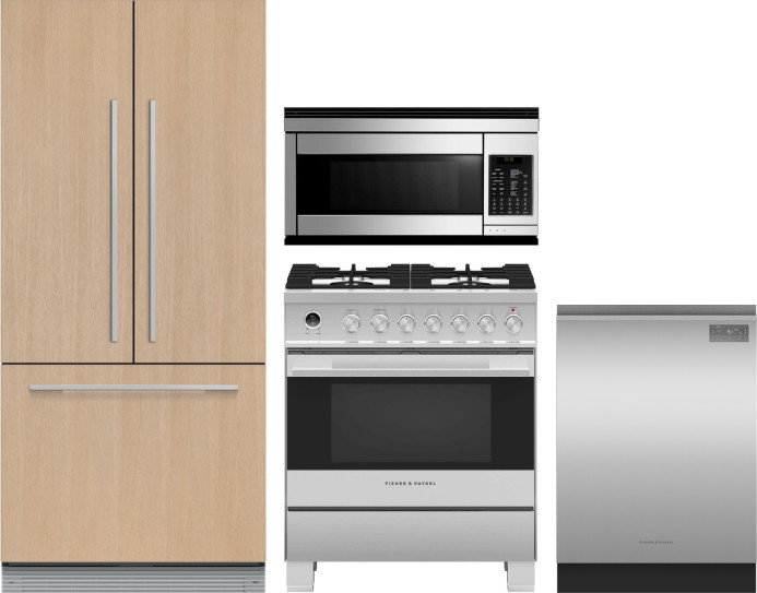 Fisher & Paykel 4 Piece Kitchen Appliances Package with French Door Refrigerator, Dual Fuel Range, Dishwasher and Over the Range Microwave in Panel Re