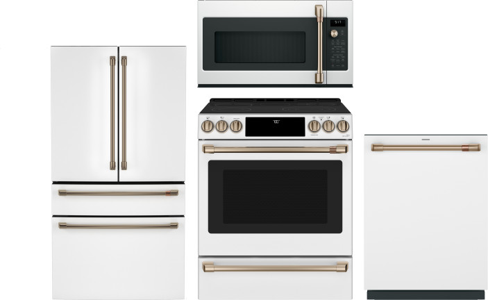 Cafe 4 Piece Kitchen Appliances Package with French Door Refrigerator, Electric Range, Dishwasher and Over the Range Microwave in Matte White CAFRERAD