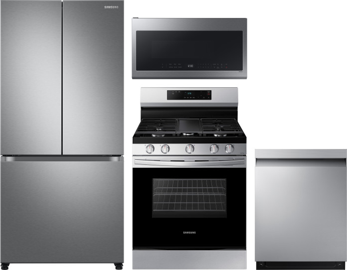 Samsung 4 Piece Kitchen Appliances Package with French Door Refrigerator, Gas Range, Dishwasher and Over the Range Microwave in Stainless Steel SARERA