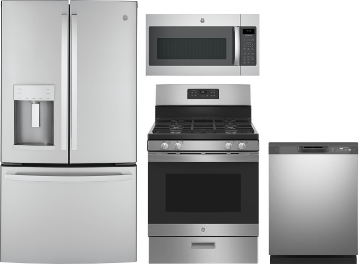 GE 4 Piece Kitchen Appliances Package with French Door Refrigerator, Gas Range, Dishwasher and Over the Range Microwave in Stainless Steel GERERADWMW3
