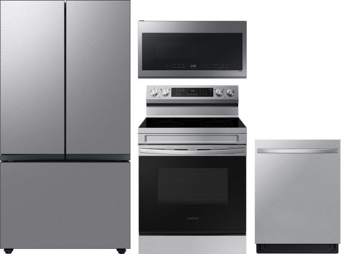 Samsung 4 Piece Kitchen Appliances Package with French Door Refrigerator, Electric Range, Dishwasher and Over the Range Microwave in Stainless Steel S