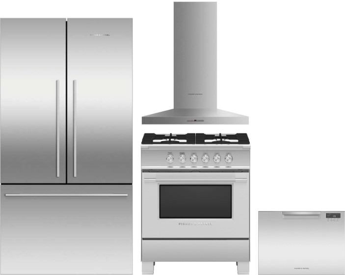 Fisher & Paykel Active Smart 4 Piece Kitchen Appliances Package with French Door Refrigerator, Gas Range and Dishwasher in Stainless Steel FPRERADWRH1