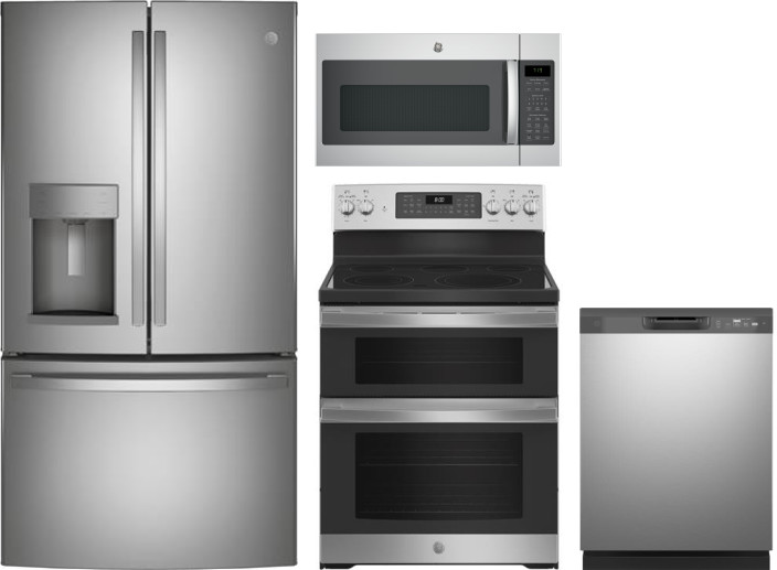 GE 4 Piece Kitchen Appliances Package with French Door Refrigerator, Electric Range, Dishwasher and Over the Range Microwave in Stainless Steel GERERA