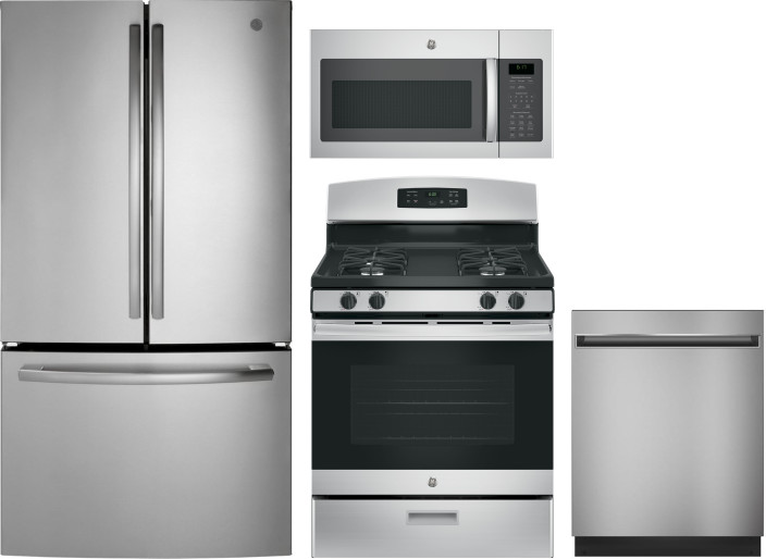 GE 4 Piece Kitchen Appliances Package with French Door Refrigerator, Gas Range, Dishwasher and Over the Range Microwave in Stainless Steel GERERADWMW3