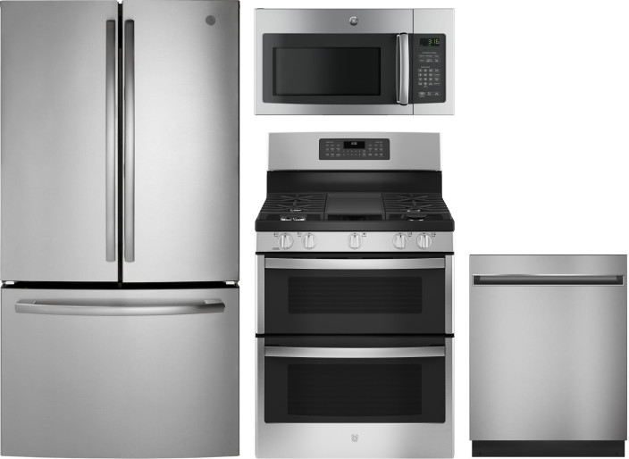 GE 4 Piece Kitchen Appliances Package with French Door Refrigerator, Gas Range, Dishwasher and Over the Range Microwave in Stainless Steel GERERADWMW3