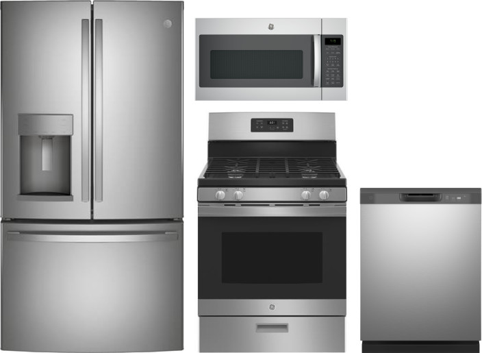 GE 4 Piece Kitchen Appliances Package with French Door Refrigerator, Gas Range, Dishwasher and Over the Range Microwave in Stainless Steel GERERADWMW3
