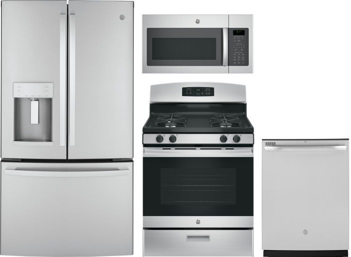 GE 4 Piece Kitchen Appliances Package with French Door Refrigerator, Gas Range, Dishwasher and Over the Range Microwave in Stainless Steel GERERADWMW3