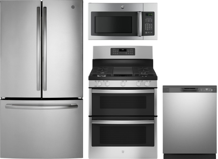 GE 4 Piece Kitchen Appliances Package with French Door Refrigerator, Gas Range, Dishwasher and Over the Range Microwave in Stainless Steel GERERADWMW3