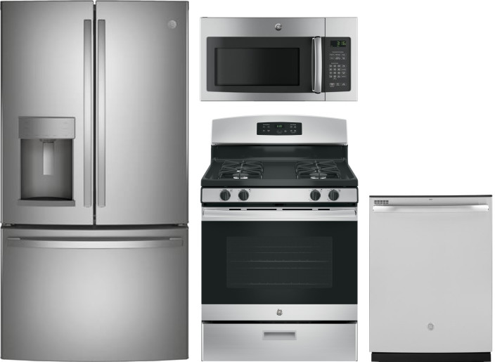 GE 4 Piece Kitchen Appliances Package with French Door Refrigerator, Gas Range, Dishwasher and Over the Range Microwave in Stainless Steel GERERADWMW3
