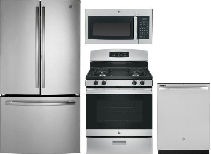 GE 4 Piece Kitchen Appliances Package with French Door Refrigerator, Gas Range, Dishwasher and Over the Range Microwave in Stainless Steel GERERADWMW3