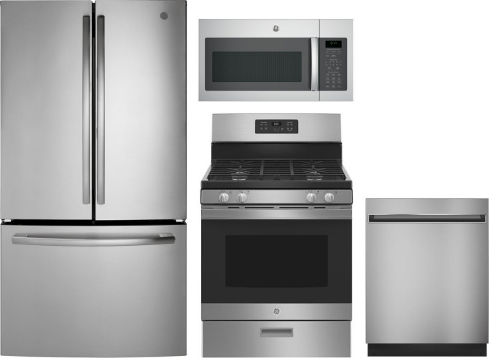 GE 4 Piece Kitchen Appliances Package with French Door Refrigerator, Gas Range, Dishwasher and Over the Range Microwave in Stainless Steel GERERADWMW3