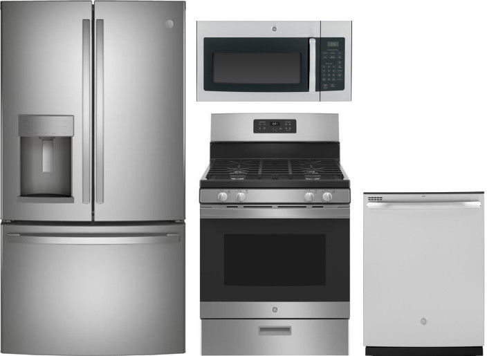 GE 4 Piece Kitchen Appliances Package with French Door Refrigerator, Gas Range, Dishwasher and Over the Range Microwave in Stainless Steel GERERADWMW3