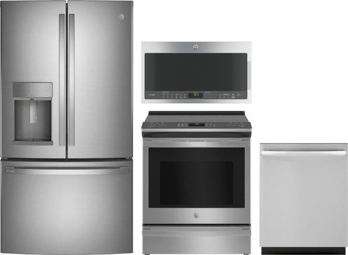 GE Profile 4 Piece Kitchen Appliances Package with French Door Refrigerator, Electric Range, Dishwasher and Over the Range Microwave in Stainless Stee