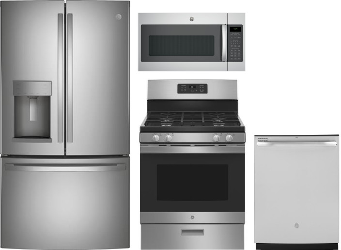 GE 4 Piece Kitchen Appliances Package with French Door Refrigerator, Gas Range, Dishwasher and Over the Range Microwave in Stainless Steel GERERADWMW3