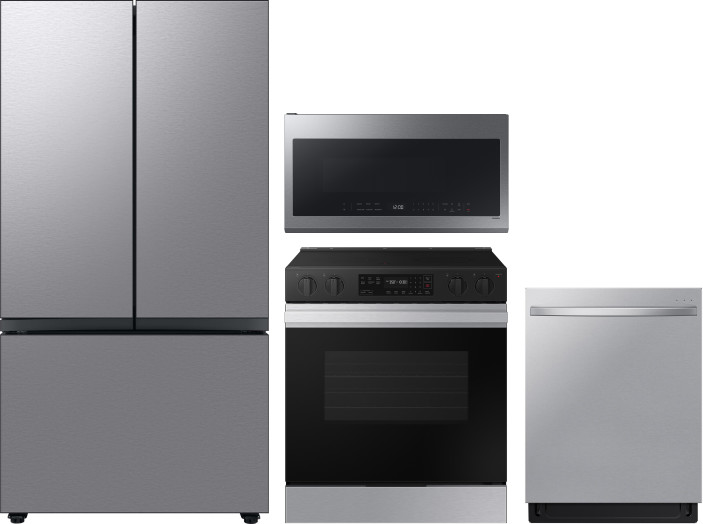 Samsung 4 Piece Kitchen Appliances Package with French Door Refrigerator, Electric Range, Dishwasher and Over the Range Microwave in Stainless Steel S