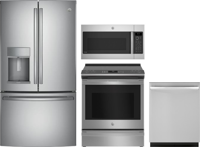 GE Profile 4 Piece Kitchen Appliances Package with French Door Refrigerator, Electric Range, Dishwasher and Over the Range Microwave in Stainless Stee