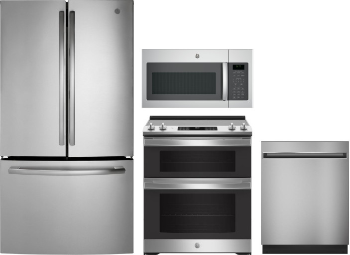 GE 4 Piece Kitchen Appliances Package with French Door Refrigerator, Electric Range, Dishwasher and Over the Range Microwave in Stainless Steel GERERA
