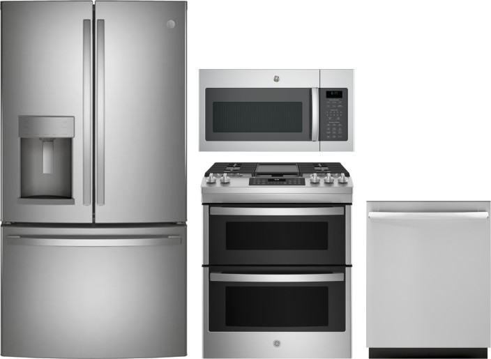 GE 4 Piece Kitchen Appliances Package with French Door Refrigerator, Gas Range, Dishwasher and Over the Range Microwave in Stainless Steel GERERADWMW4