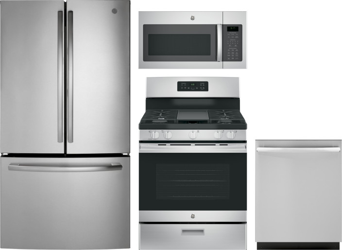 GE 4 Piece Kitchen Appliances Package with French Door Refrigerator, Gas Range, Dishwasher and Over the Range Microwave in Stainless Steel GERERADWMW6