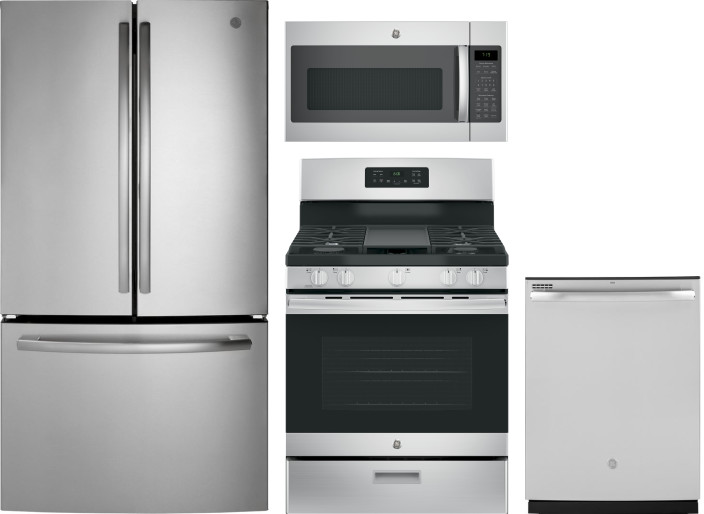 GE 4 Piece Kitchen Appliances Package with French Door Refrigerator, Gas Range, Dishwasher and Over the Range Microwave in Stainless Steel GERERADWMW7